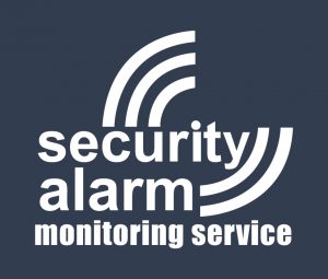 Blue/black background with white transmitting lines raiding out around the words Security Alarm Monitoring Service